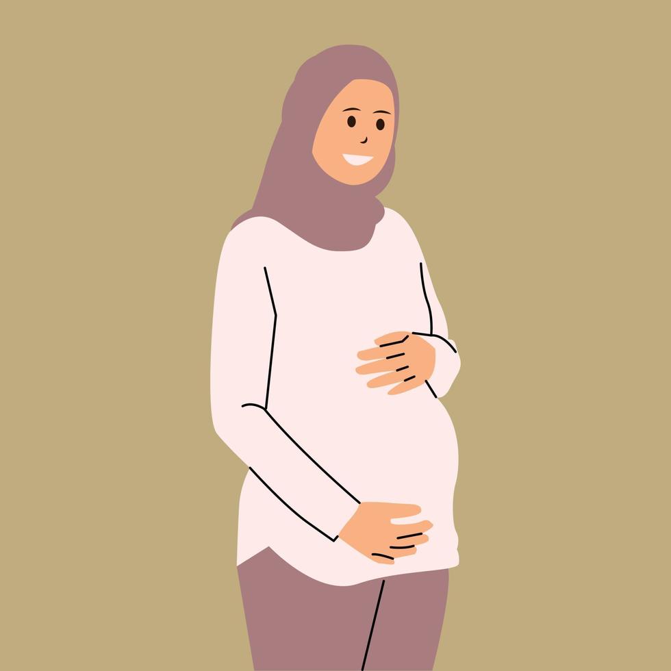 Pregnant hijab woman holding belly illustration vector