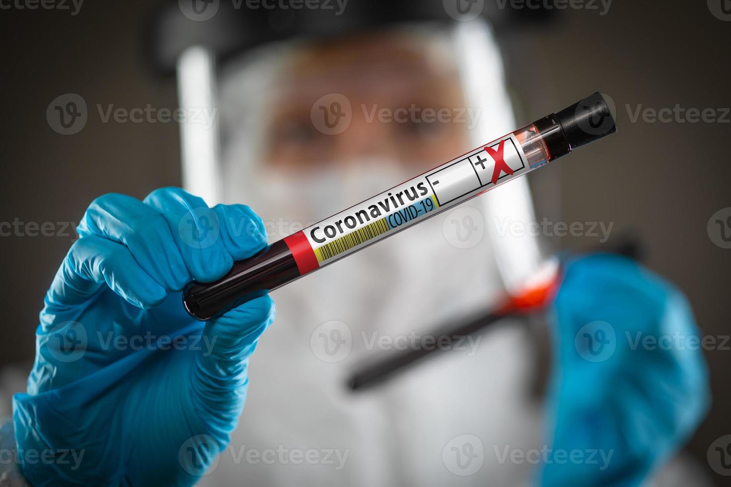 Female Doctor or Nurse Holding Test Tube of Blood Labeled Positive for Coronavirus COVID-19 Disease photo