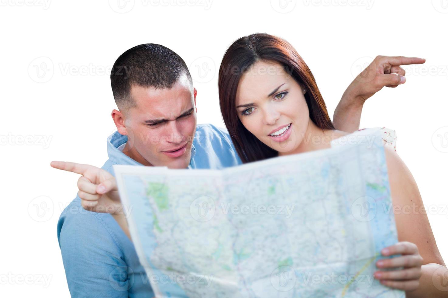 Young Lost and Confused Military Couple Looking at Map Isolated on White photo