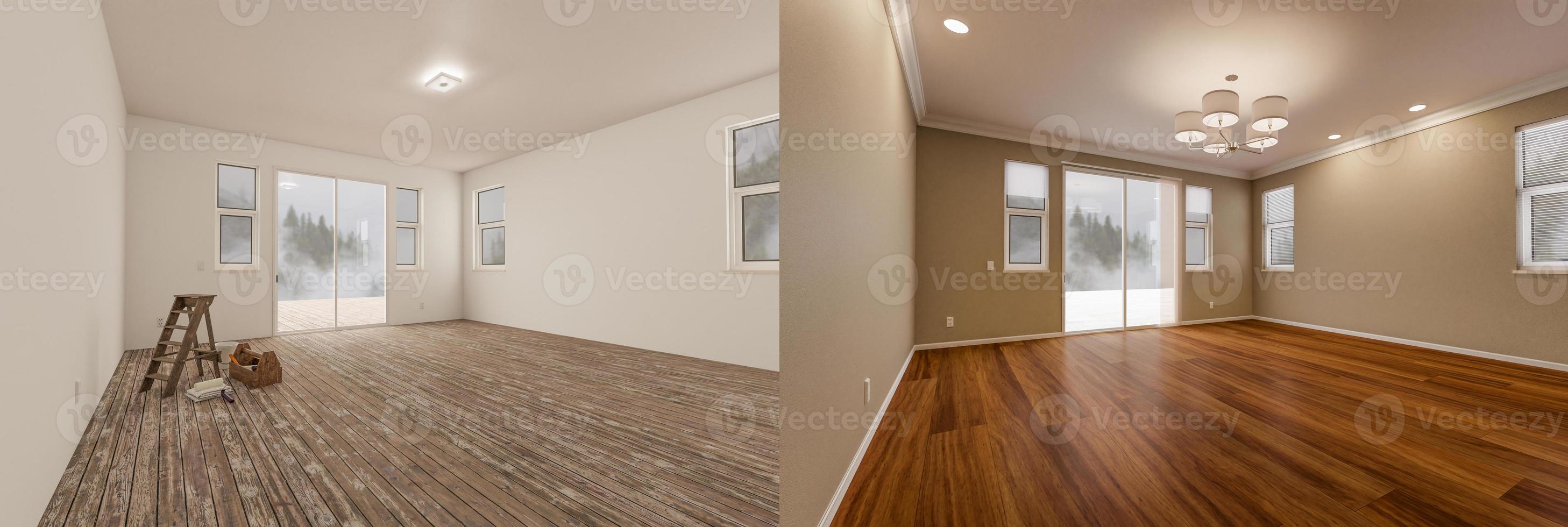 Before and After of Unfinished Raw and Newly Remodeled Room Of House with Finished Wood Floors, Moulding, Paint and Ceiling Lights. photo