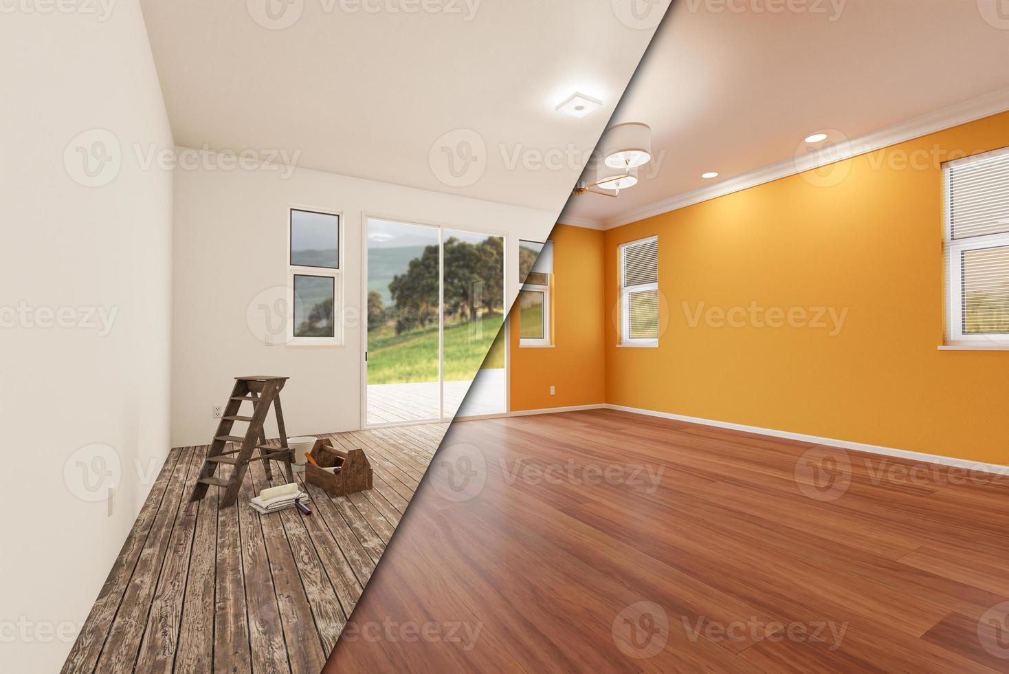 Unfinished Raw and Newly Remodeled Room of House Before and After with Wood Floors, Moulding, Yellow Ochre Paint and Ceiling Lights. photo