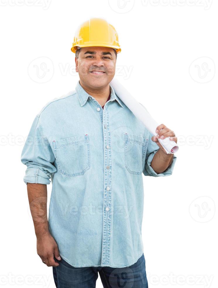 Hispanic Male Contractor In Hard Hat with Blueprint Plans Isolated on a White Background photo