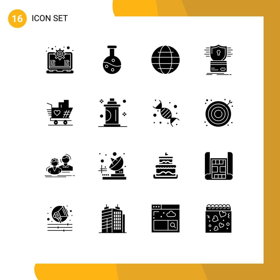 Pack of 16 Modern Solid Glyphs Signs and Symbols for Web Print Media such as love hack internet hacking creditcard Editable Vector Design Elements