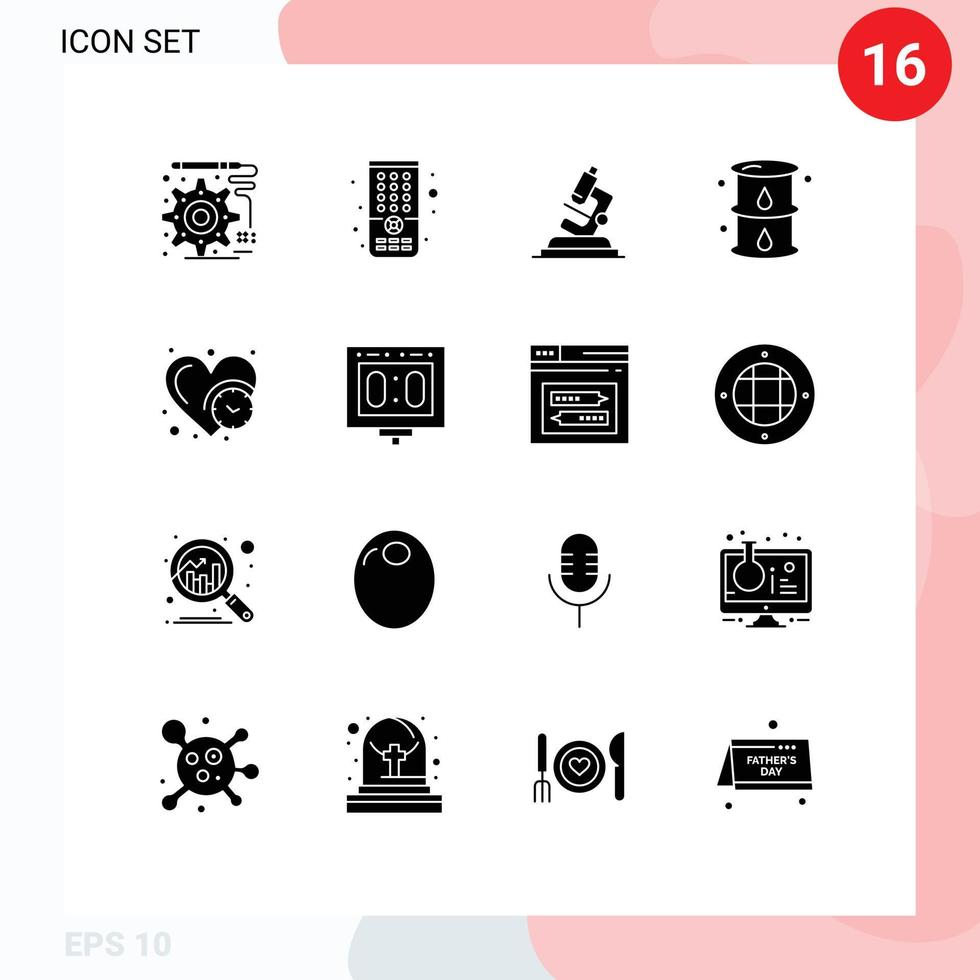 16 Universal Solid Glyphs Set for Web and Mobile Applications love clock science power gas Editable Vector Design Elements