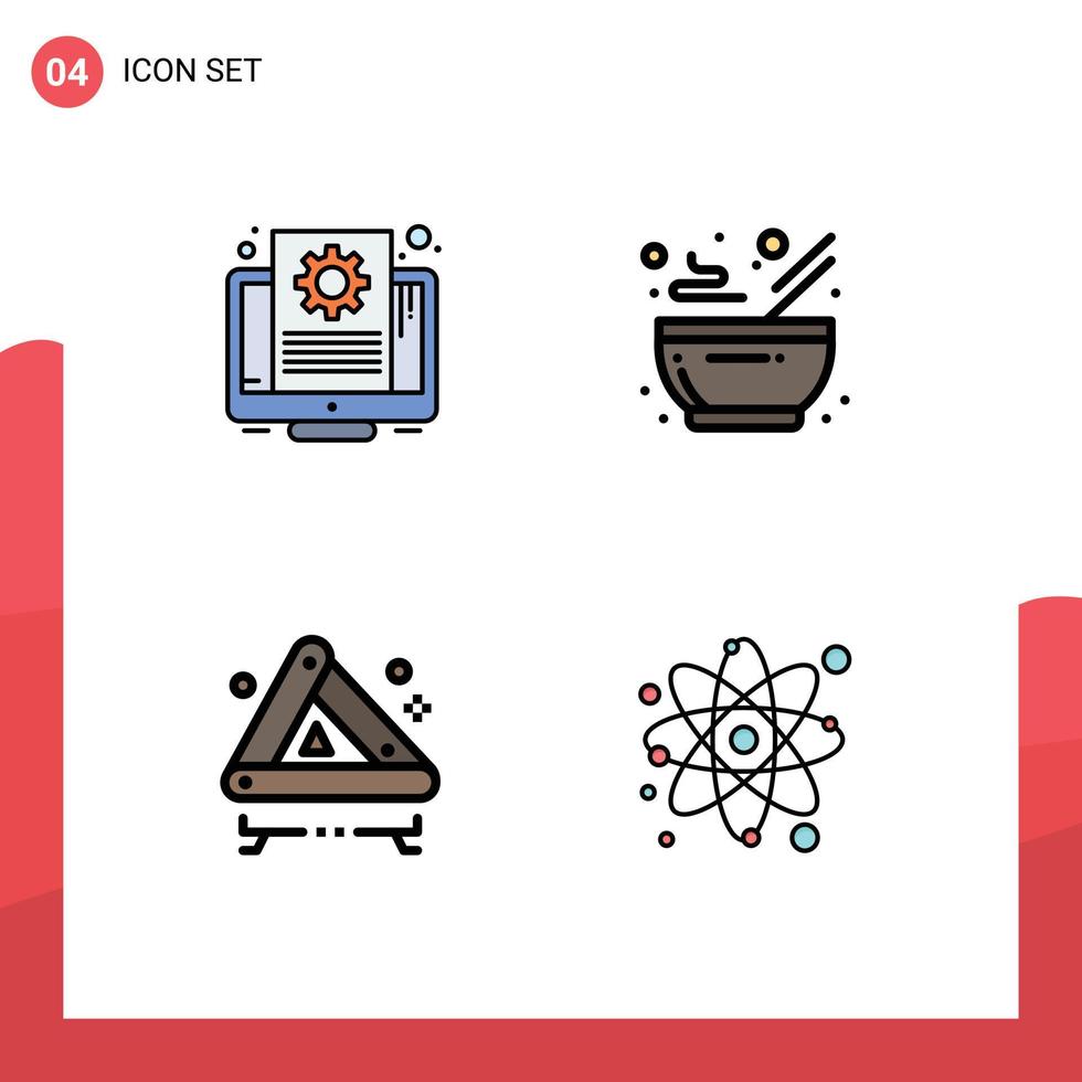 conjunto moderno de 4 colores planos y símbolos de línea de llenado, como elementos de diseño de vectores editables de signos de cocina de pantalla de documento de emergencia
