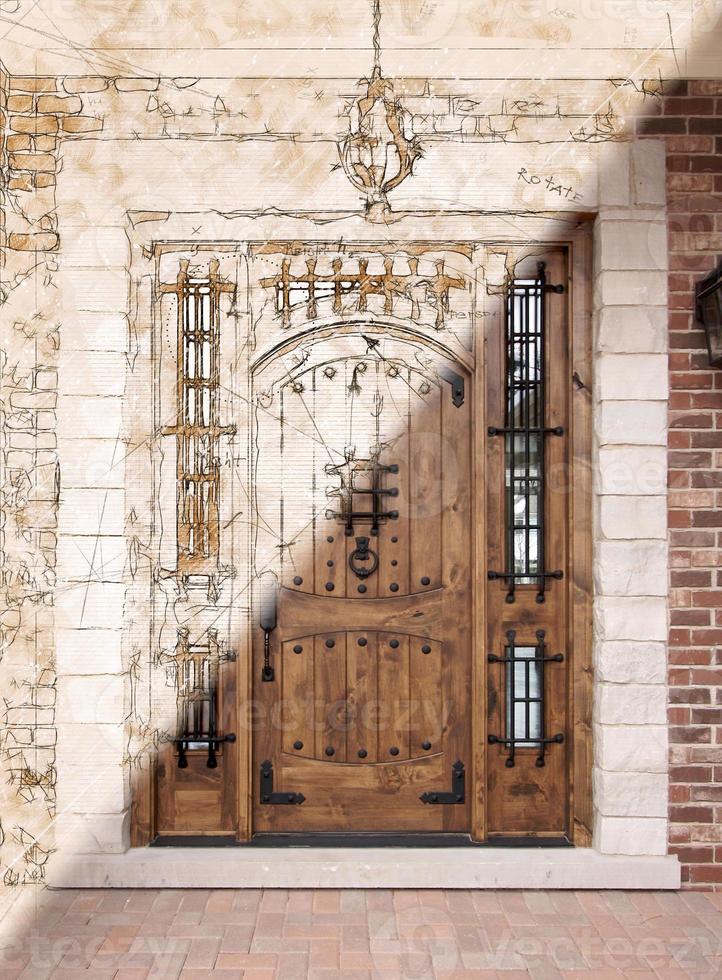 Artist Rendering Sketch of Beautiful Luxury Residential Front Door with Photographic Cross Section Showing Completion photo