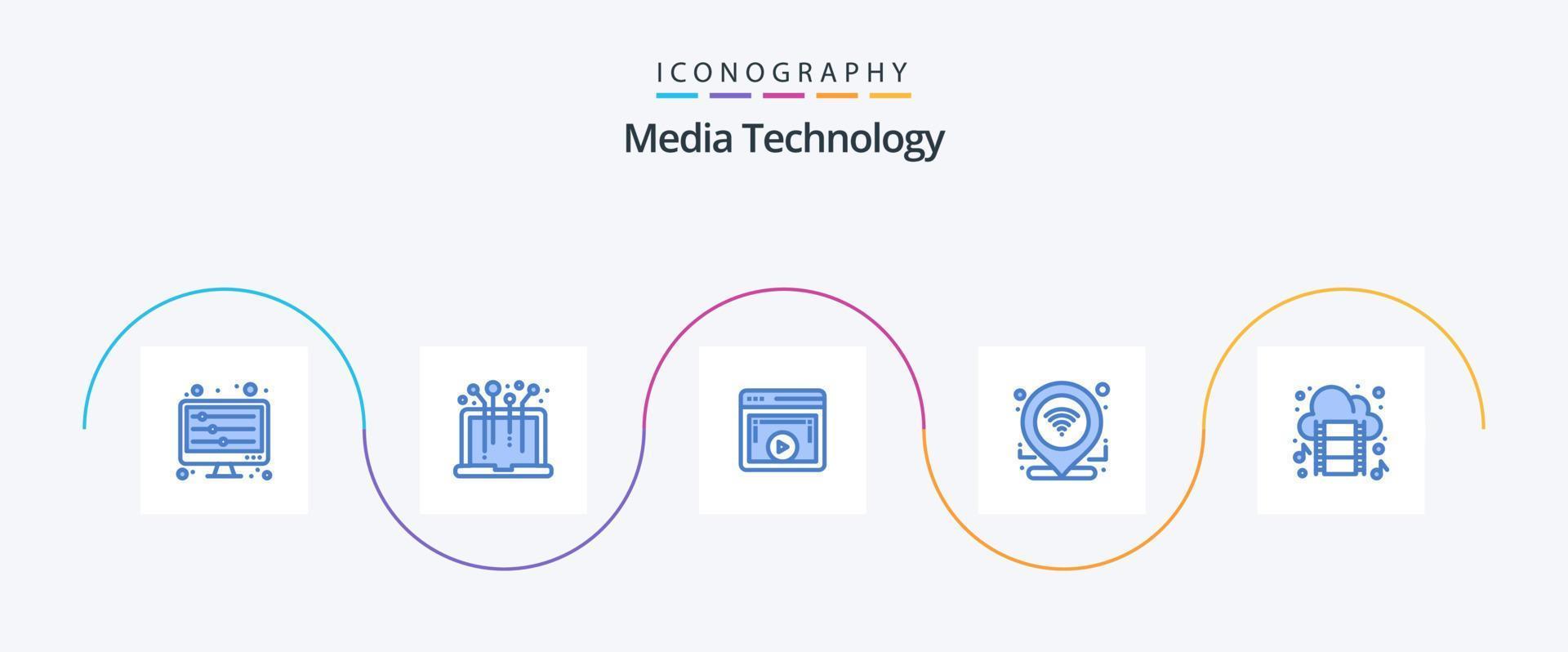 paquete de iconos azul 5 de tecnología de medios que incluye la nube. localización. página. GPS. vídeo p vector