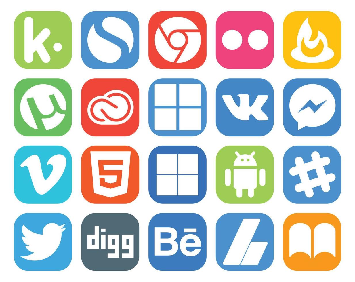 paquete de 20 íconos de redes sociales que incluye slack delicious adobe html vimeo vector