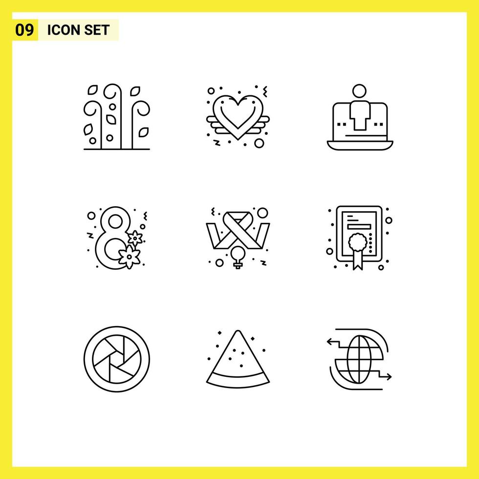 Set of 9 Modern UI Icons Symbols Signs for awareness gift computer flower marketing Editable Vector Design Elements