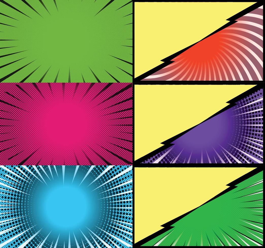 Comic book colorful frames background with halftone rays radial and dotted effects pop art style vector