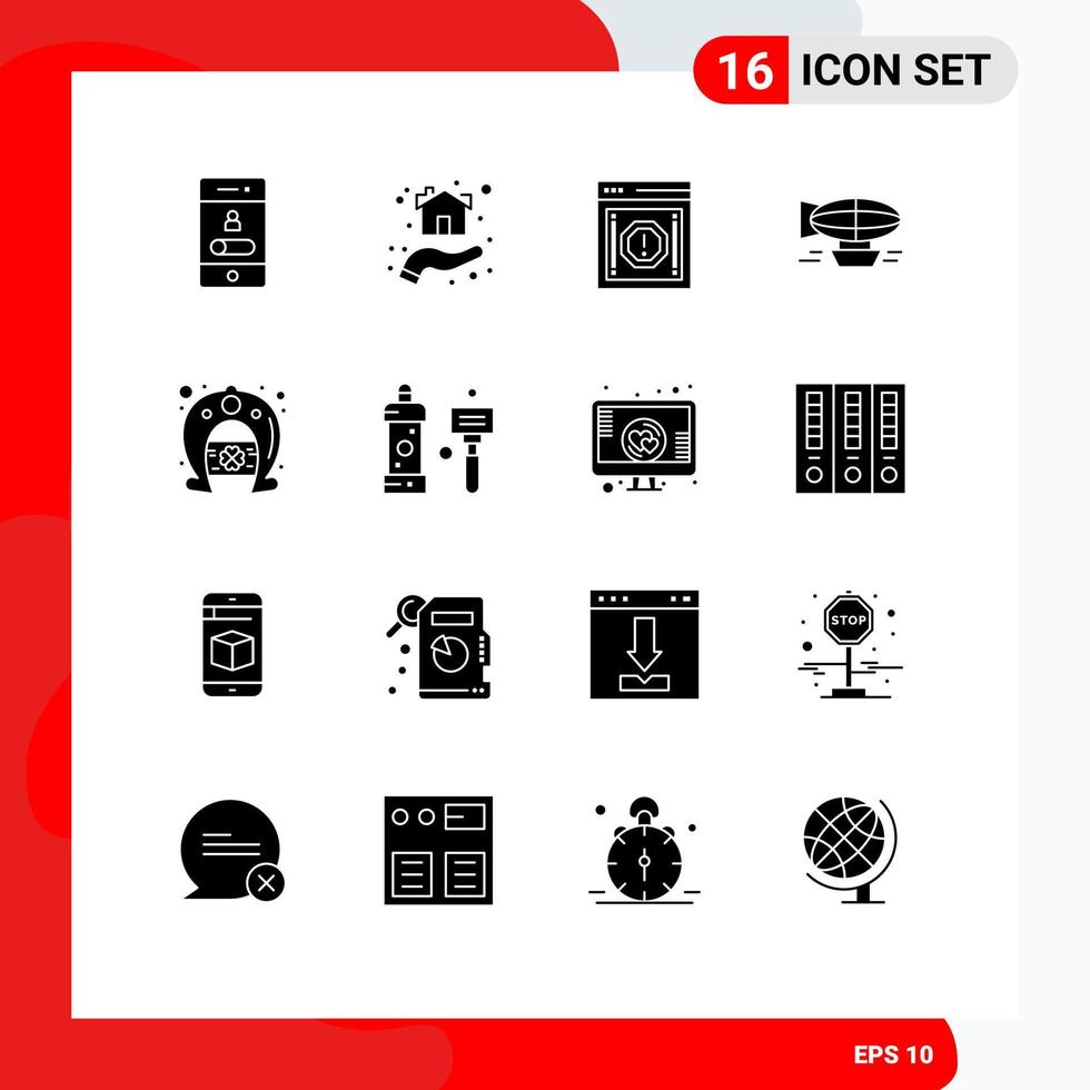 Mobile Interface Solid Glyph Set of 16 Pictograms of balloon air house warning message Editable Vector Design Elements