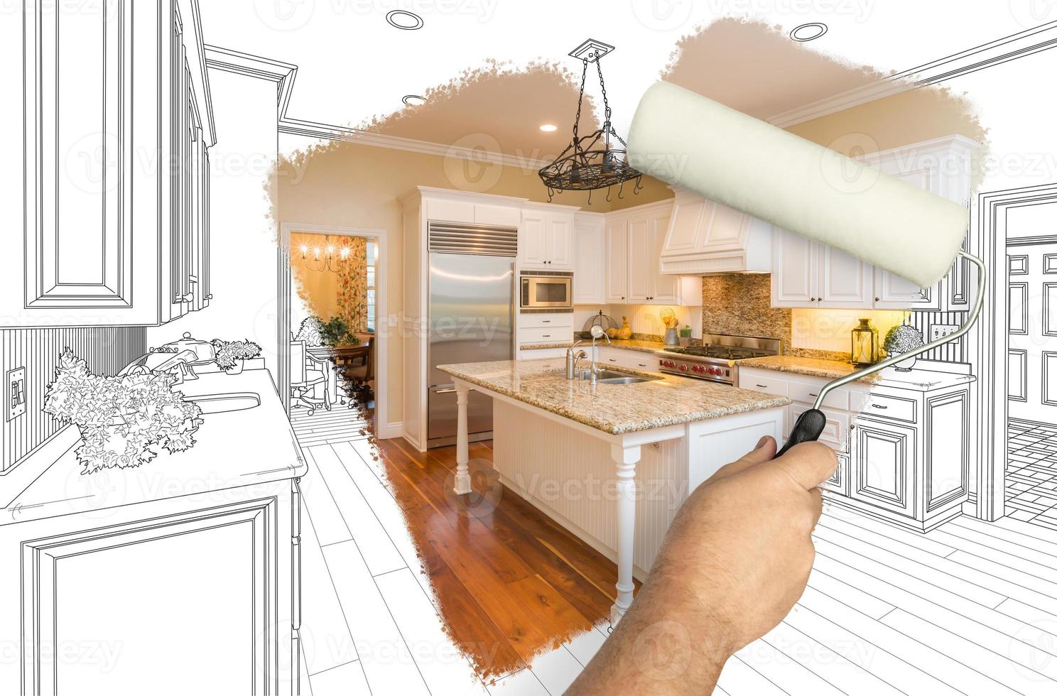 Before and After of Man Painting Roller to Reveal Newly Remodeled Kitchen Under Pencil Drawing Plans. photo