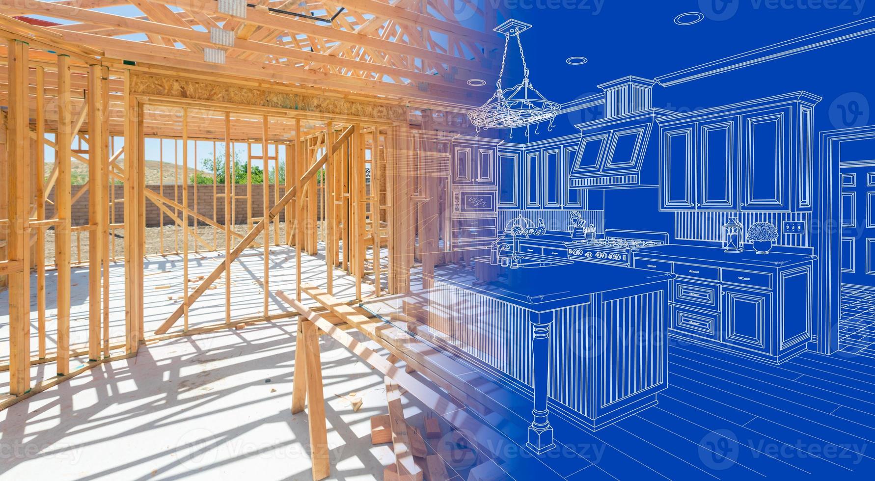 House Construction Framing Gradating Into Kitchen Design Blueprint Drawing photo