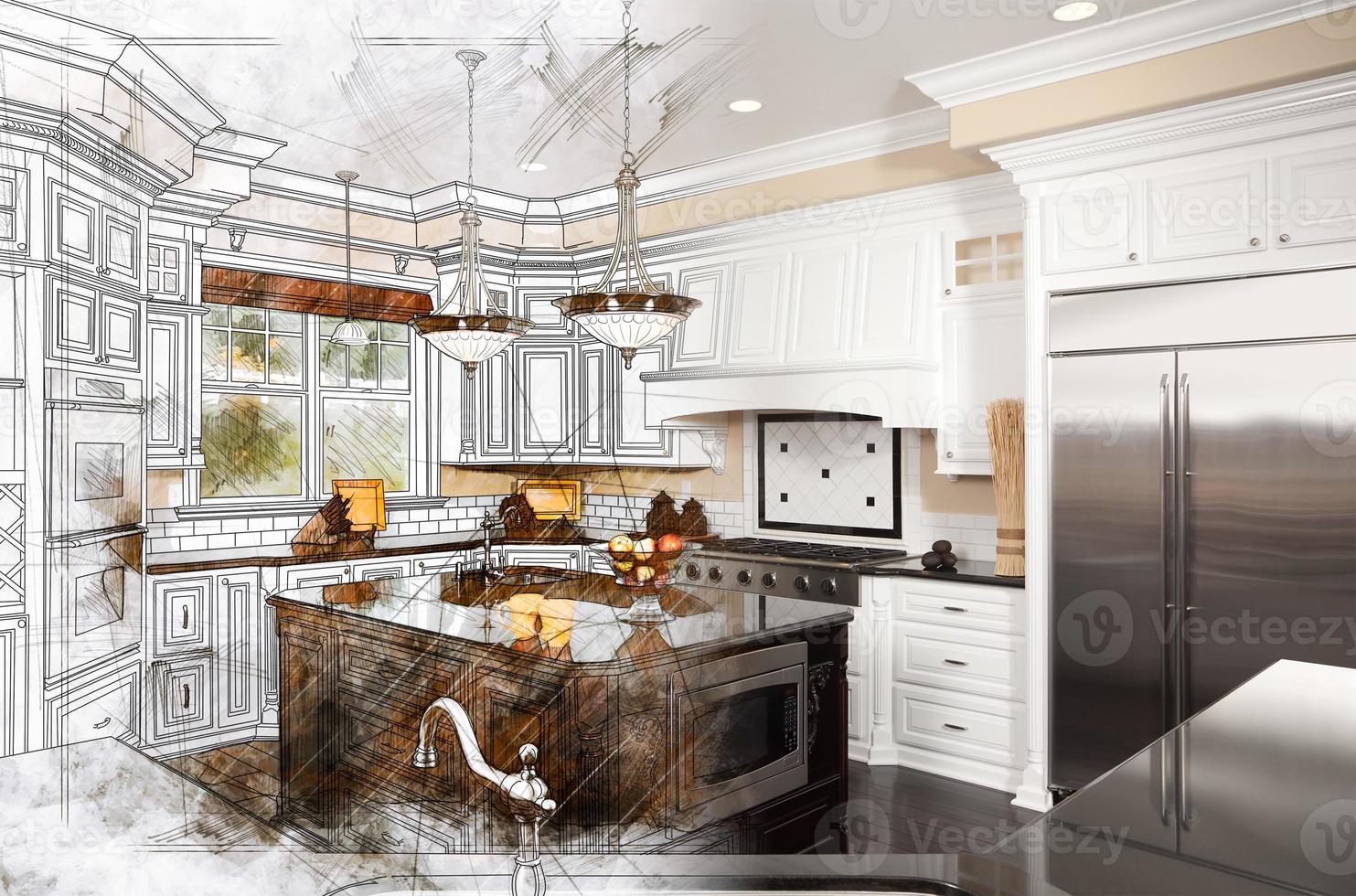 Beautiful Custom Kitchen Design Drawing Gradating Into Finished Photograph photo