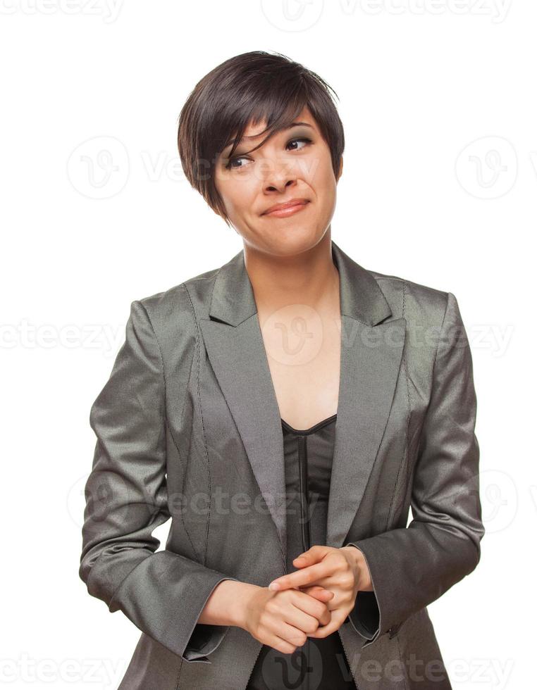 Pretty Biracial Girl Looking To The Side Isolated Against White Background. photo