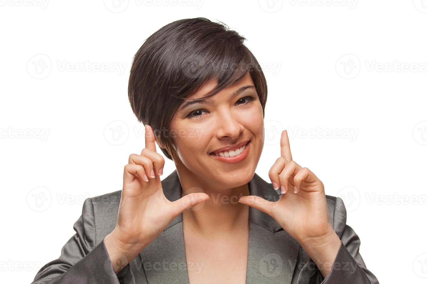 Pretty Biracial Girl Framing Her Face with Her Hands Isolated Against White Background. photo
