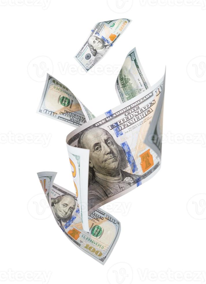 Falling or Floating One Hundred Dollar Bills on White Background. photo