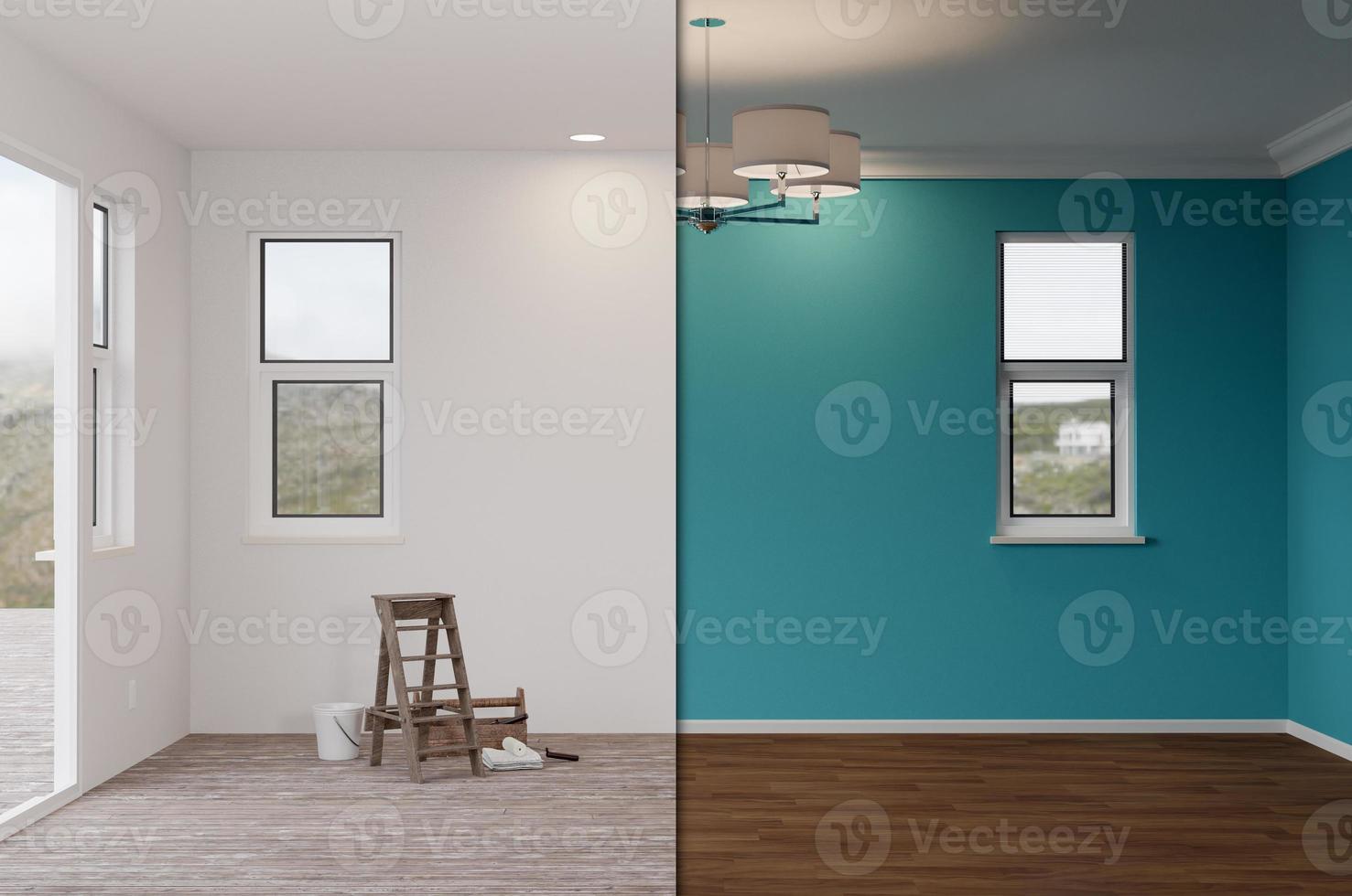 3D Illustration of Unfinished Raw and Newly Remodeled Room of House Before and After with Wood Floors, Moulding, Rich Blue Paint and Ceiling Lights. photo