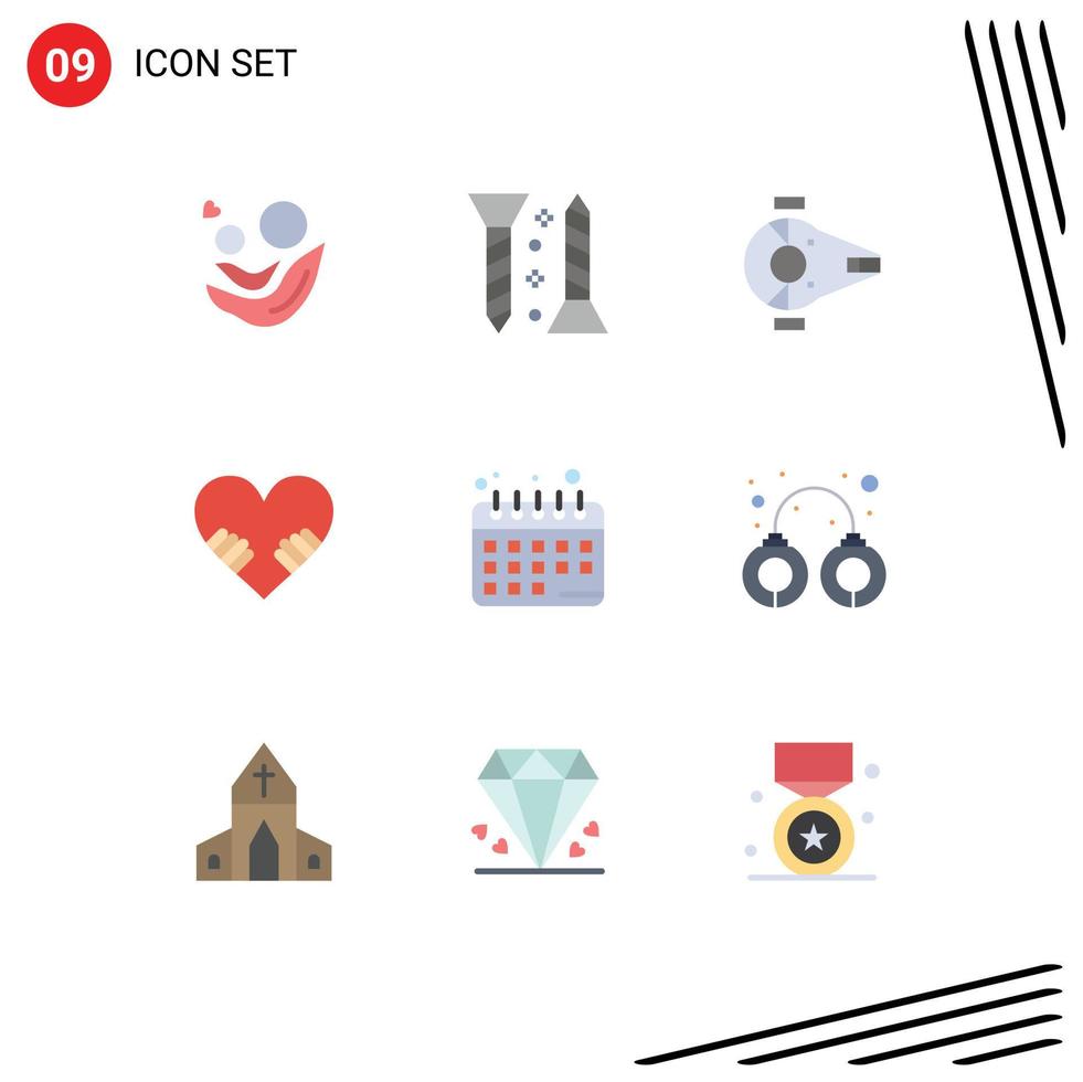 Pack of 9 Modern Flat Colors Signs and Symbols for Web Print Media such as diet planning love self tapping heart ship Editable Vector Design Elements