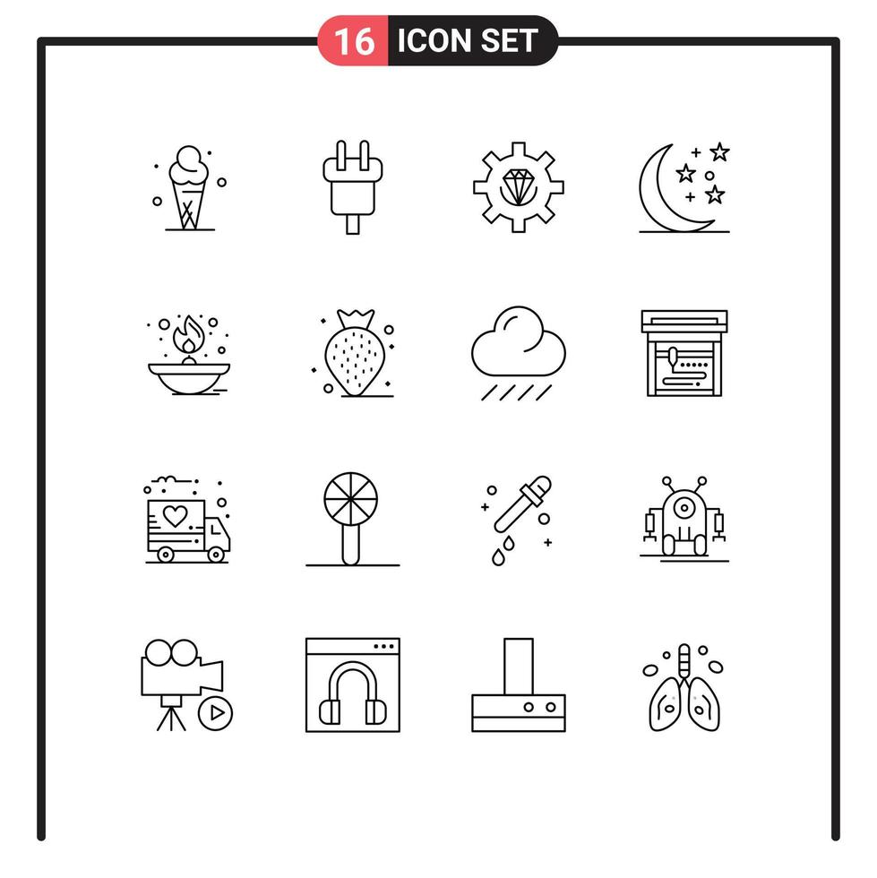 16 User Interface Outline Pack of modern Signs and Symbols of light moon power halloween process Editable Vector Design Elements