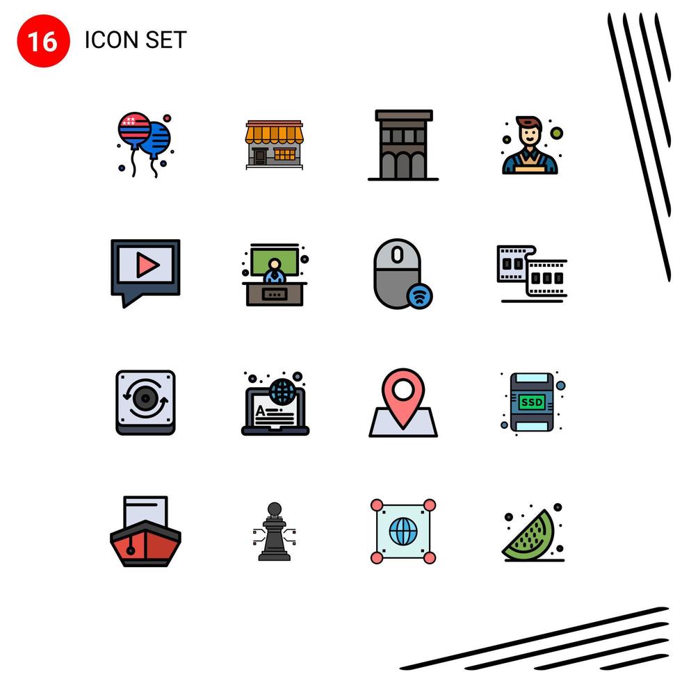 Group of 16 Flat Color Filled Lines Signs and Symbols for video painter building decorator property Editable Creative Vector Design Elements
