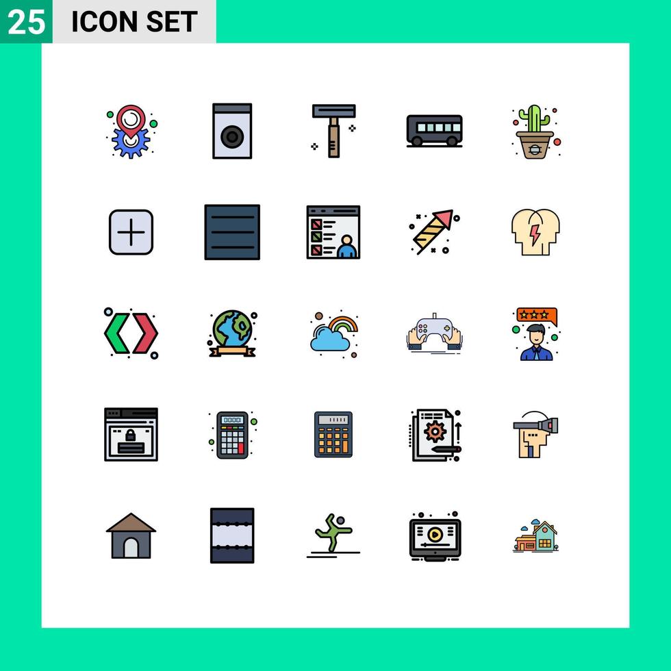 conjunto de 25 colores planos de línea rellena de vector en cuadrícula para elementos de diseño de vector editables de transporte de cactus cosmético de flor de línea