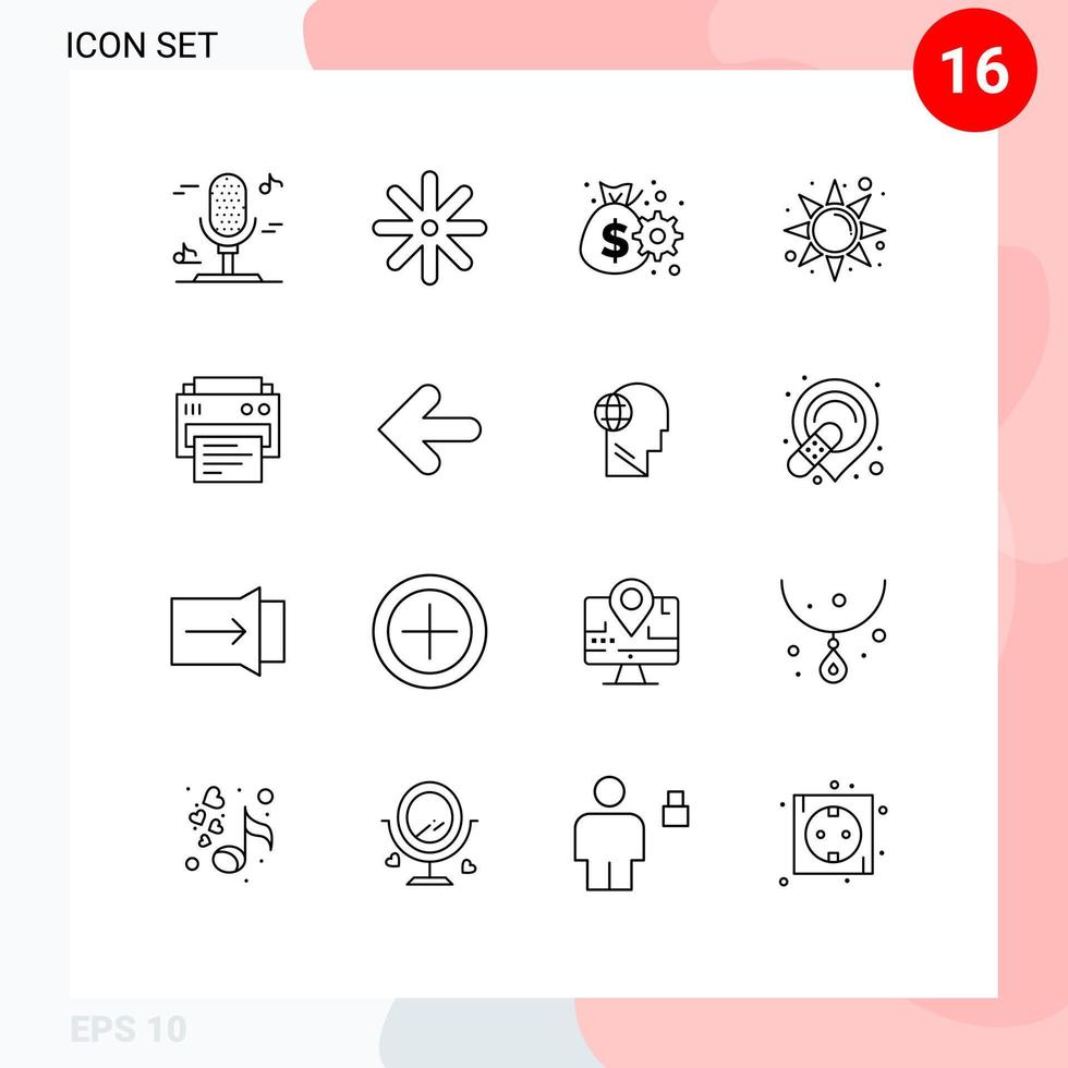 conjunto moderno de 16 contornos y símbolos, como la gestión de impresión de flechas, elementos de diseño de vectores editables de sol de impresión