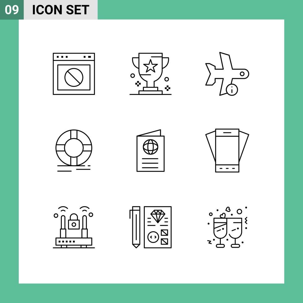 Group of 9 Outlines Signs and Symbols for lifebuoy circle prize transportation plane Editable Vector Design Elements