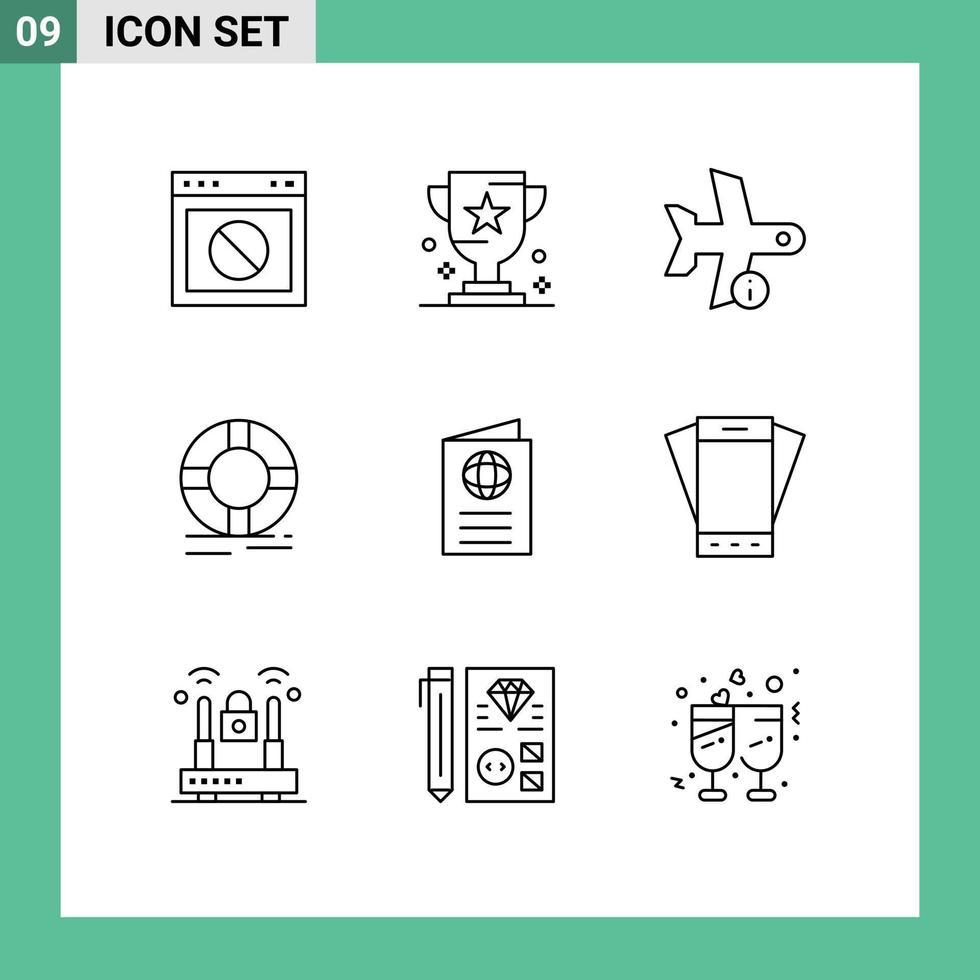 Group of 9 Outlines Signs and Symbols for lifebuoy circle prize transportation plane Editable Vector Design Elements