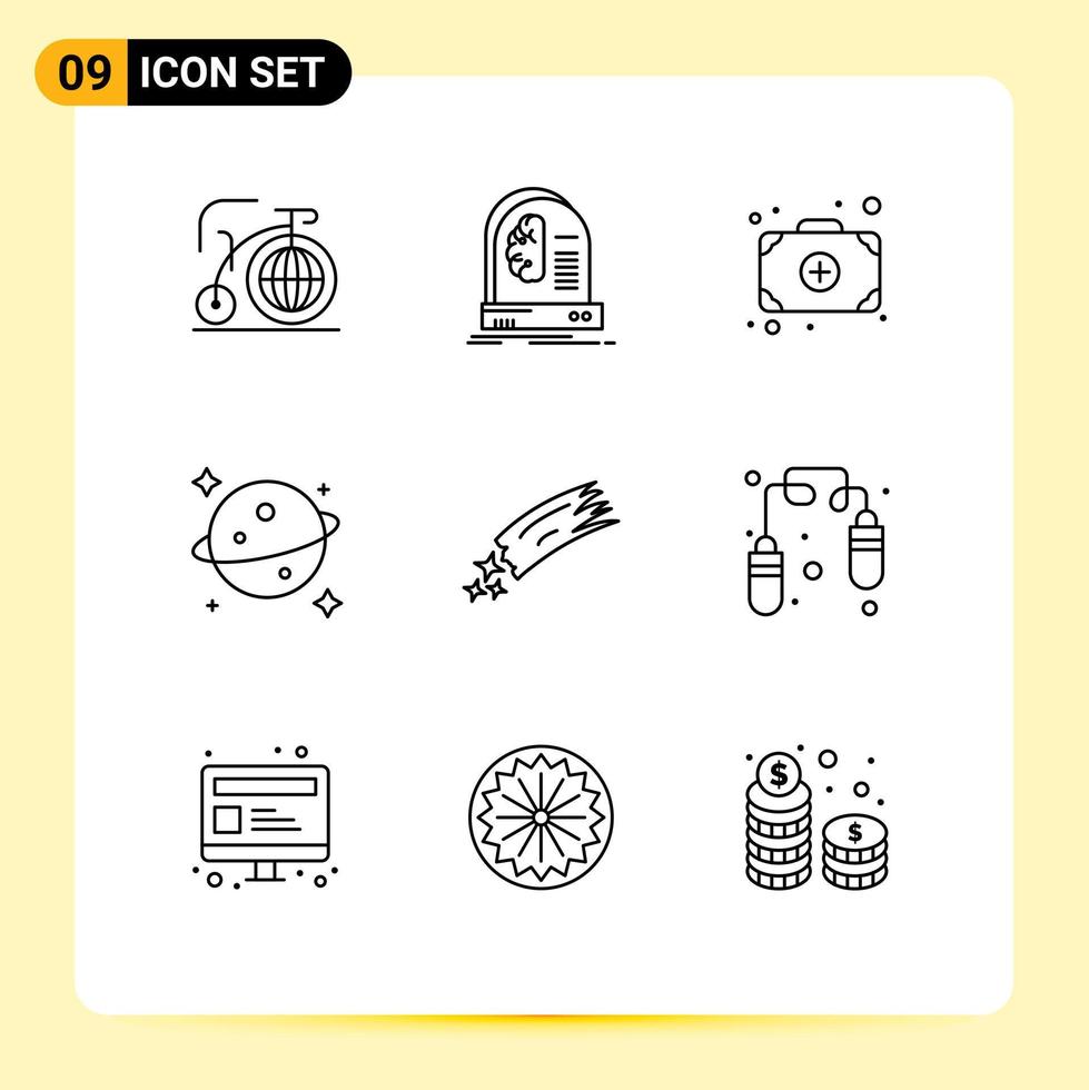 Group of 9 Outlines Signs and Symbols for meteor asteroid machine space planet Editable Vector Design Elements