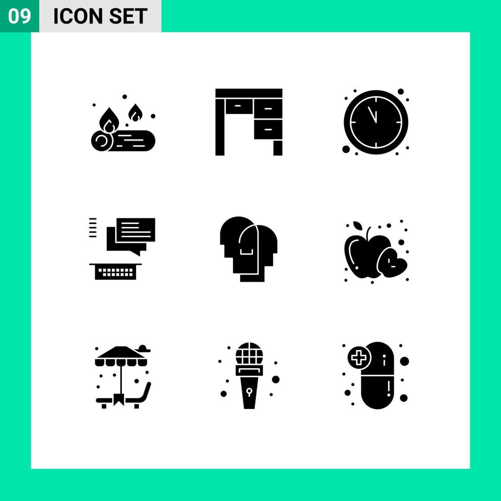 Group of 9 Modern Solid Glyphs Set for feelings human countdown hat chating Editable Vector Design Elements