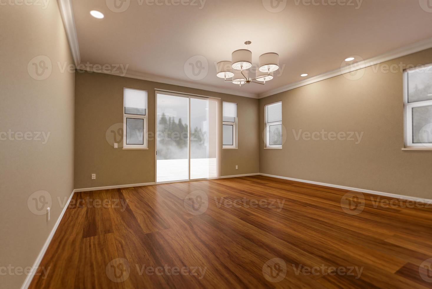 Newly Remodeled Room Of House with Finished Wood Floors, Moulding, Paint and Ceiling Lights. photo