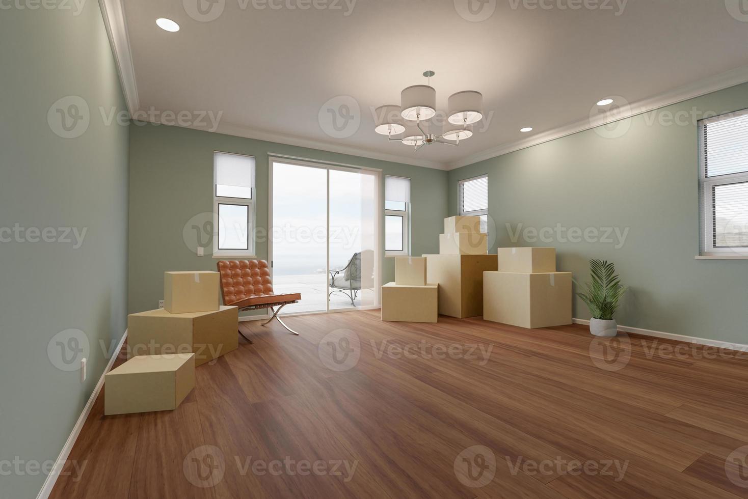 Ilustración 3D de varias cajas de cartón, silla y planta en el piso de una habitación vacía de la casa. foto