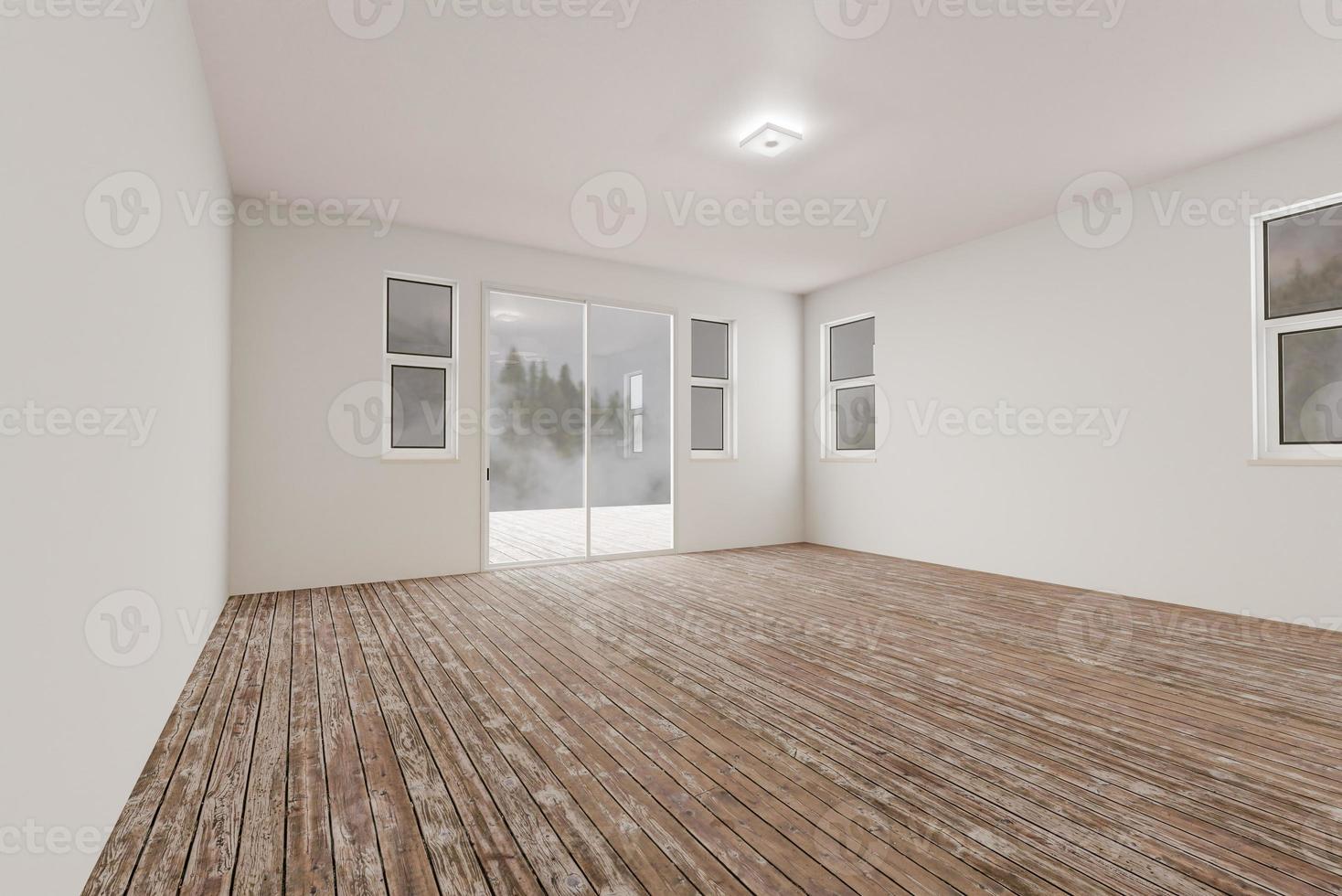 Raw Unfinished Room of House with Blank White Walls and Worn Wood Floors. photo