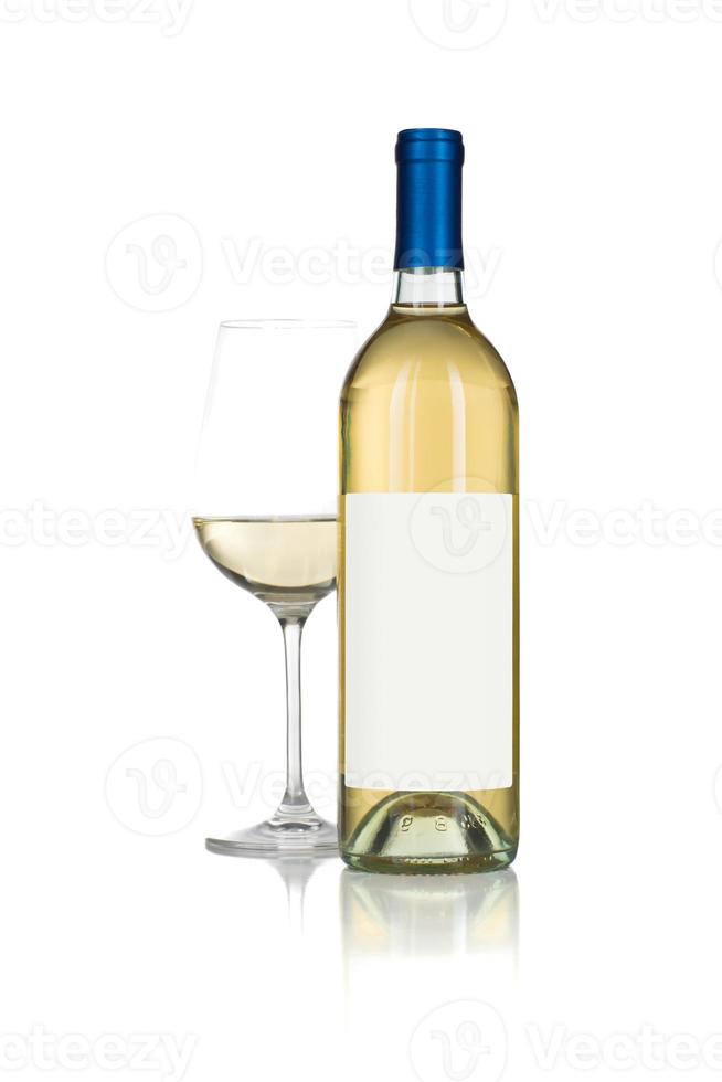 Wine Glass and Bottle with Blank Label Ready For Graphic and Text Isolated on White. photo