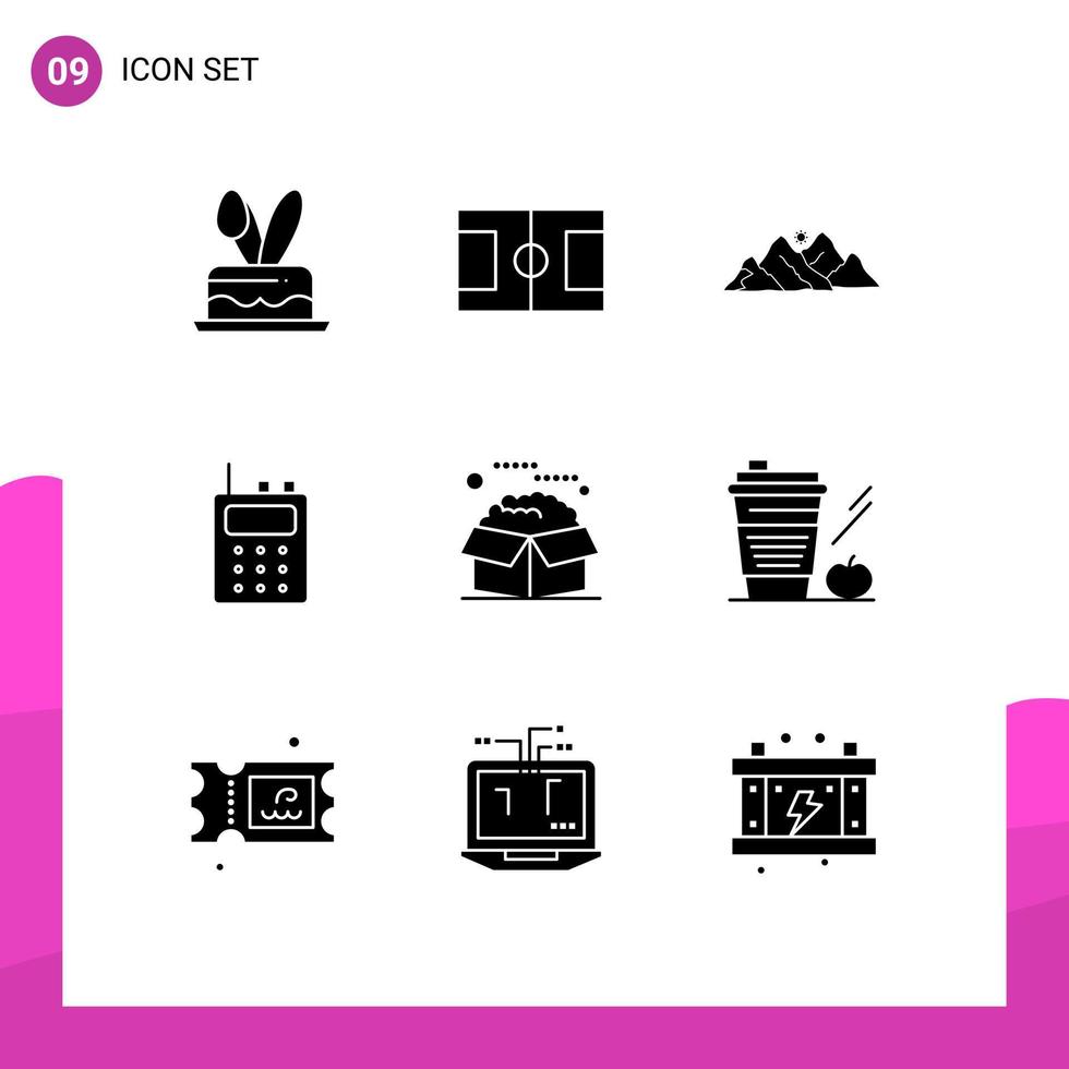 Universal Icon Symbols Group of 9 Modern Solid Glyphs of product box landscape walkie talkie communication Editable Vector Design Elements