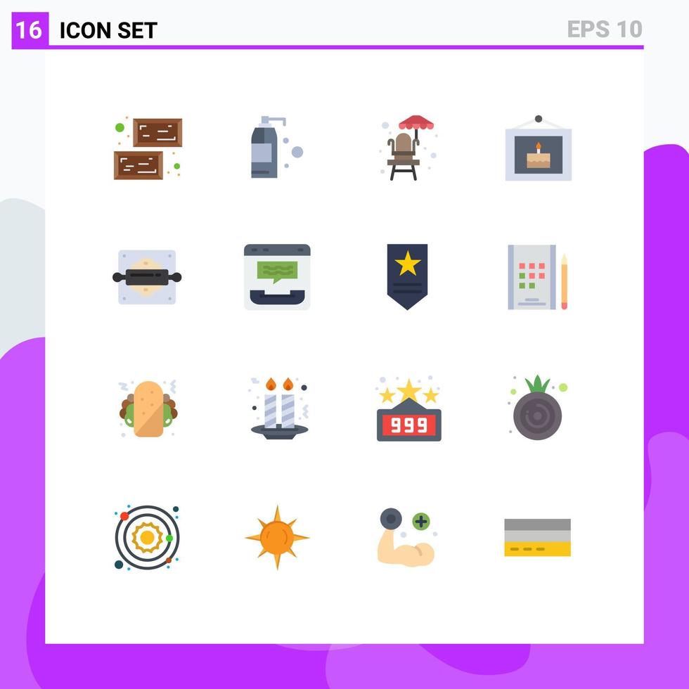 User Interface Pack of 16 Basic Flat Colors of bread rolling pin baking water bakery party Editable Pack of Creative Vector Design Elements