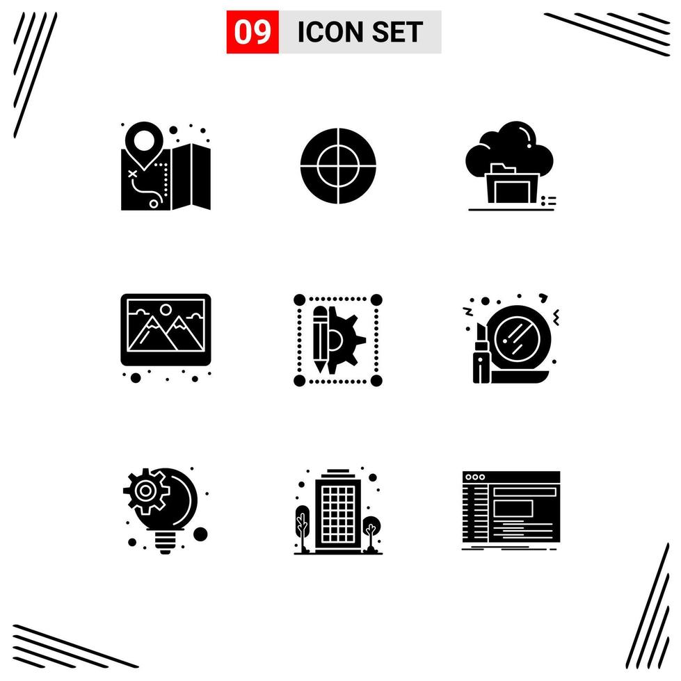 Universal Icon Symbols Group of 9 Modern Solid Glyphs of gear creative cloud decoration photo Editable Vector Design Elements