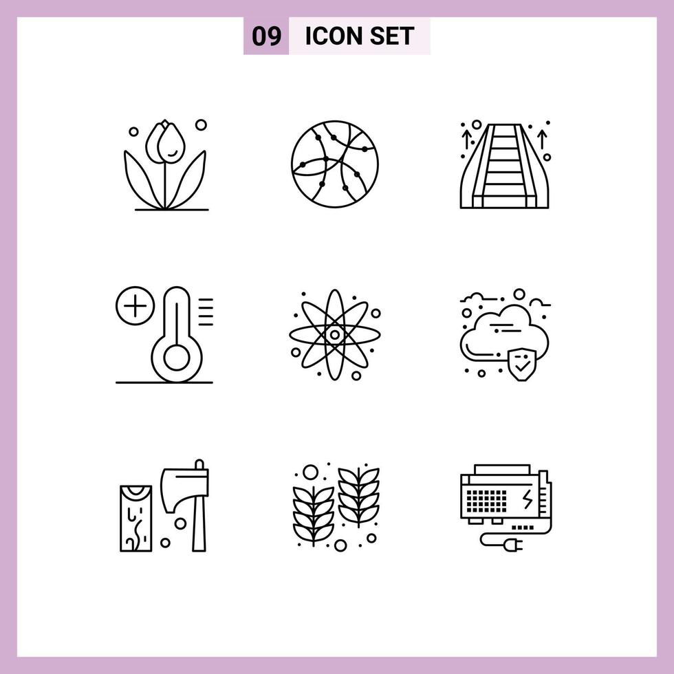 Pack of 9 creative Outlines of science atom escalator temperature climate Editable Vector Design Elements