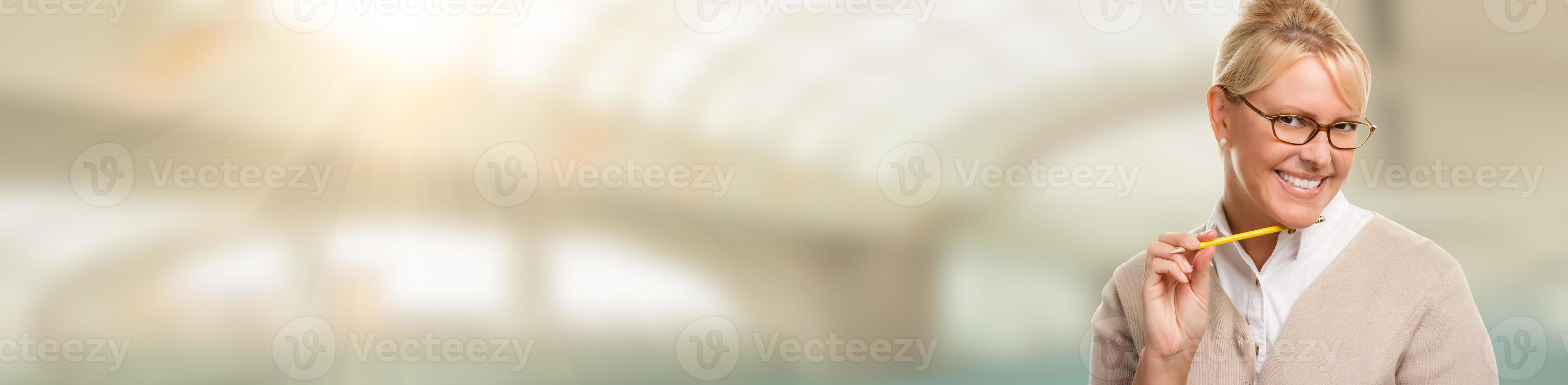 Banner of Beautiful Expressive Student or Businesswoman with Pencil. photo