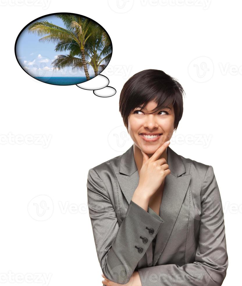 Beautiful Multiethnic Woman with Thought Bubbles of Tropical Place photo