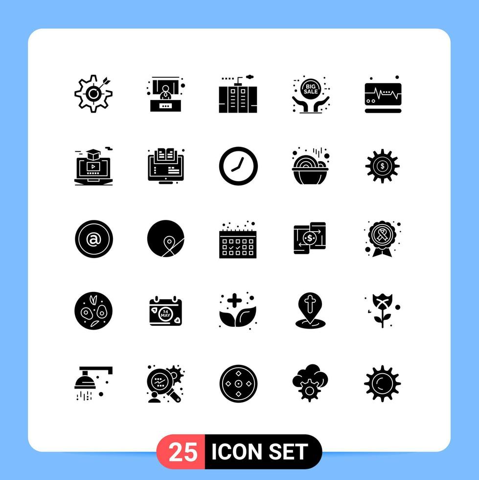 User Interface Pack of 25 Basic Solid Glyphs of medical sale advertisement electricity grand sale power Editable Vector Design Elements