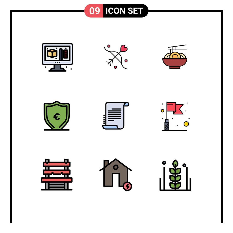 Group of 9 Modern Filledline Flat Colors Set for scenario decree food protection money Editable Vector Design Elements
