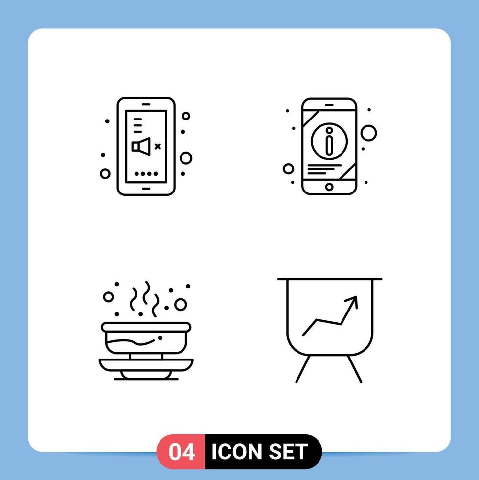 conjunto moderno de 4 colores planos y símbolos de línea de llenado, como elementos de diseño de vectores editables de alimentos de información móvil de silencio caliente de regreso a la escuela