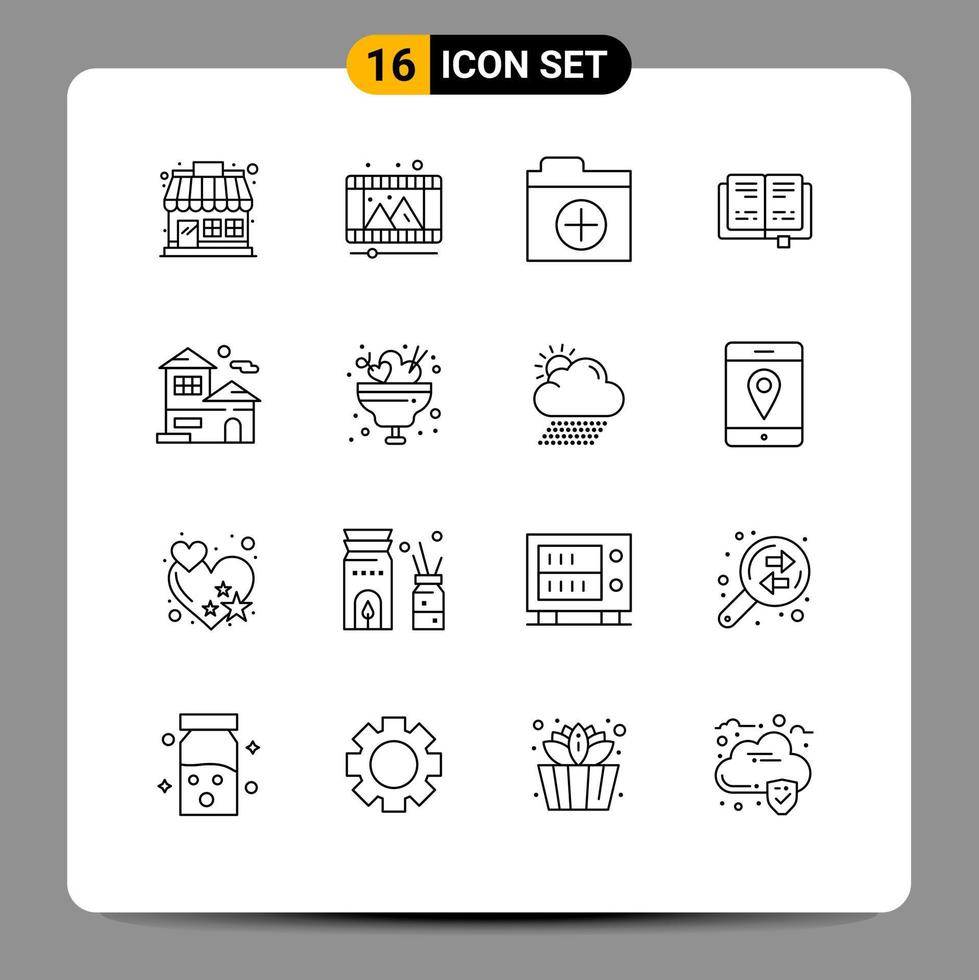 Pictogram Set of 16 Simple Outlines of real estate house add home education Editable Vector Design Elements