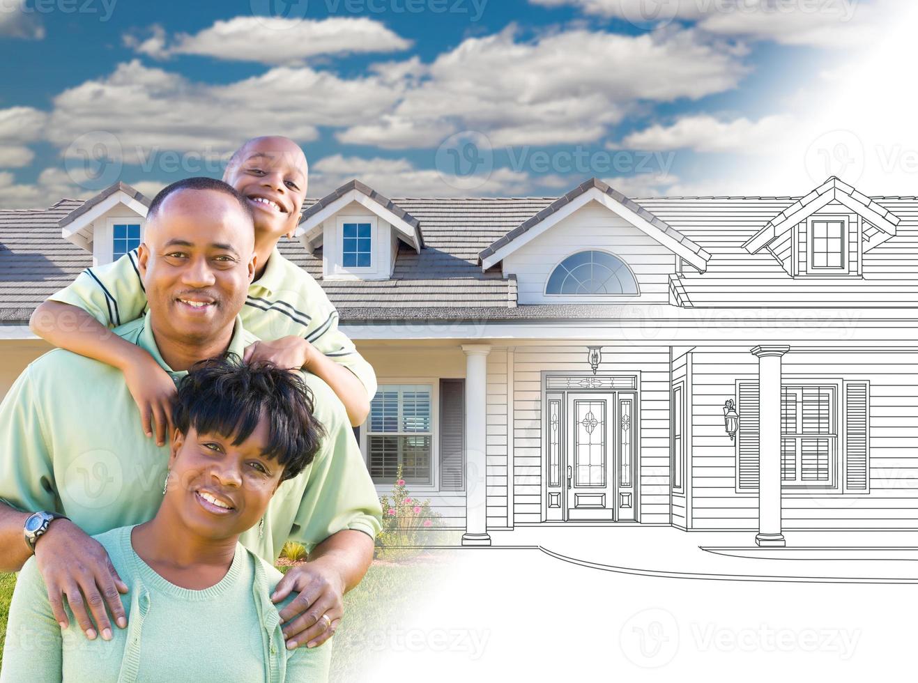 African American Family In Front of Drawing of New House Gradating Into Photograph. photo