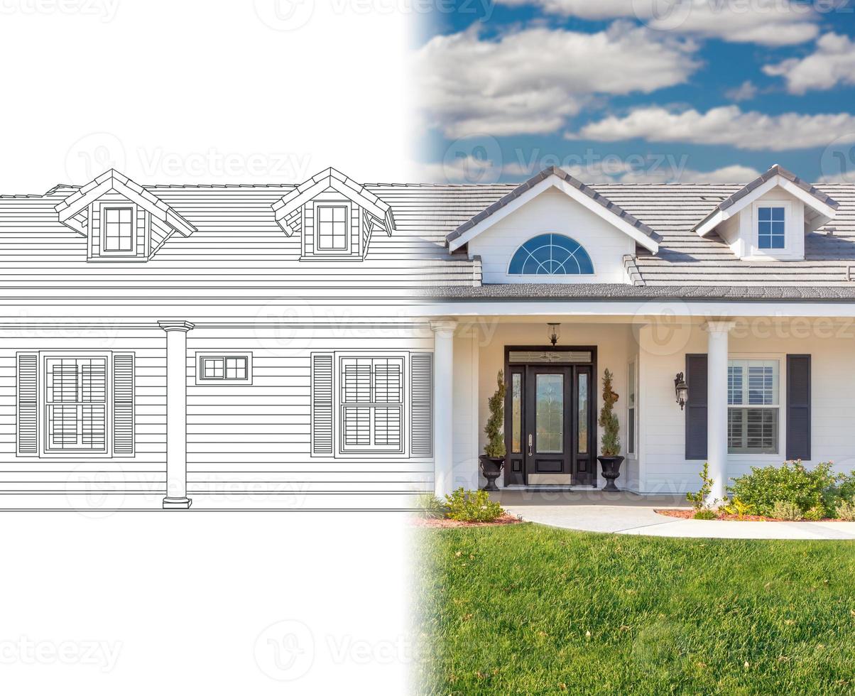 House Blueprint Drawing Gradating Into Completed Building Photograph. photo