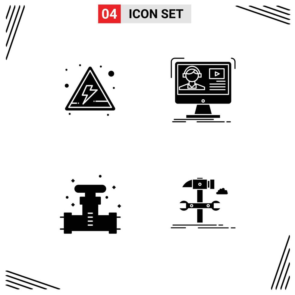 Pack of 4 Modern Solid Glyphs Signs and Symbols for Web Print Media such as alert plumber tutorials online system Editable Vector Design Elements