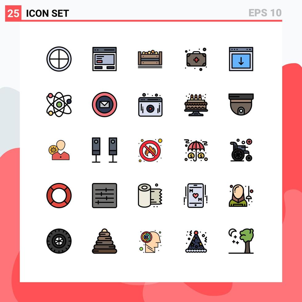 paquete de 25 modernos signos y símbolos de colores planos de línea rellena para medios de impresión web, como elementos de diseño vectorial editables de caja de bolsa de interfaz de camping de aplicación vector