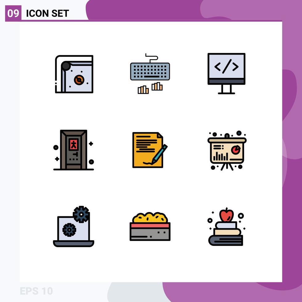 paquete de 9 signos y símbolos de colores planos de línea de llenado modernos para medios de impresión web, como elementos de diseño de vectores editables de puerta de acuerdo de computadora de papel de nota